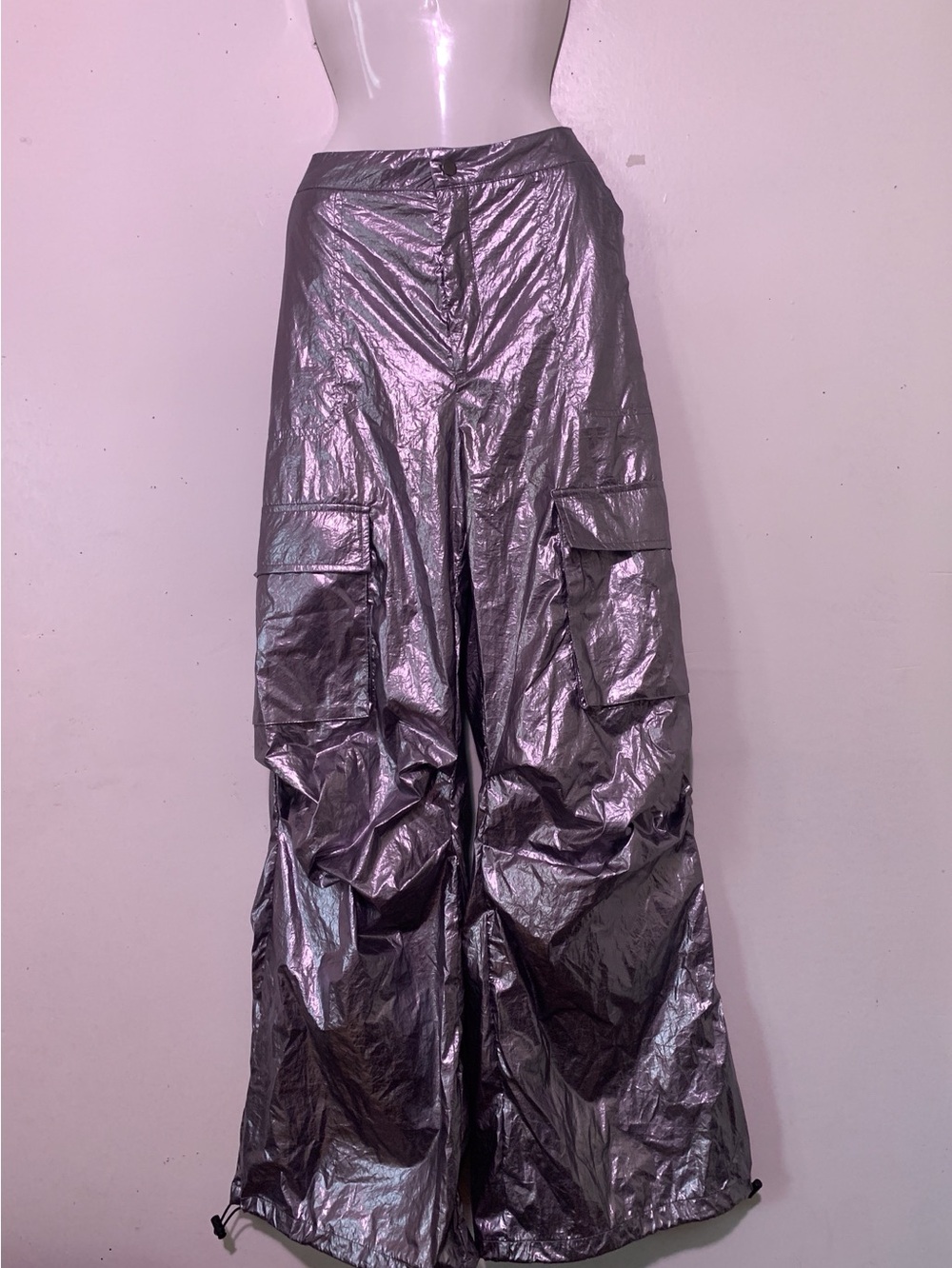 Metallic Silver Wide-Leg Cargo Pants